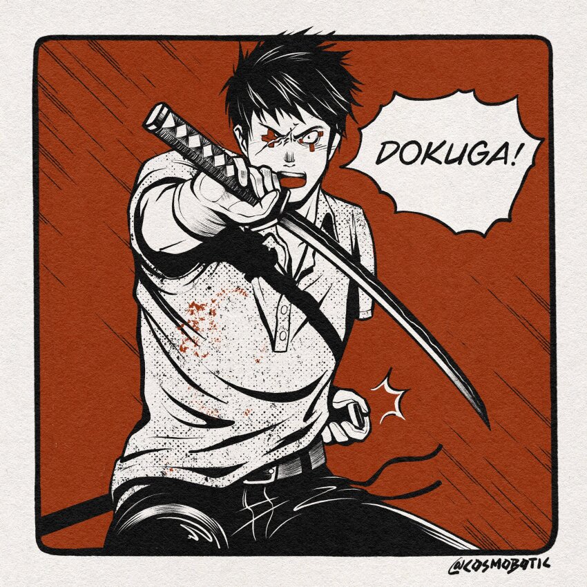 1boy belt blood blood_on_clothes blood_on_face border buttons csmbtc dorohedoro drawing_sword greyscale highres holding holding_sheath holding_sword holding_weapon katana looking_at_viewer male_focus monochrome open_mouth orange_background pants scar scar_across_eye scar_on_face sheath shirt short_hair short_sleeves shouting solo sword tetsujo weapon