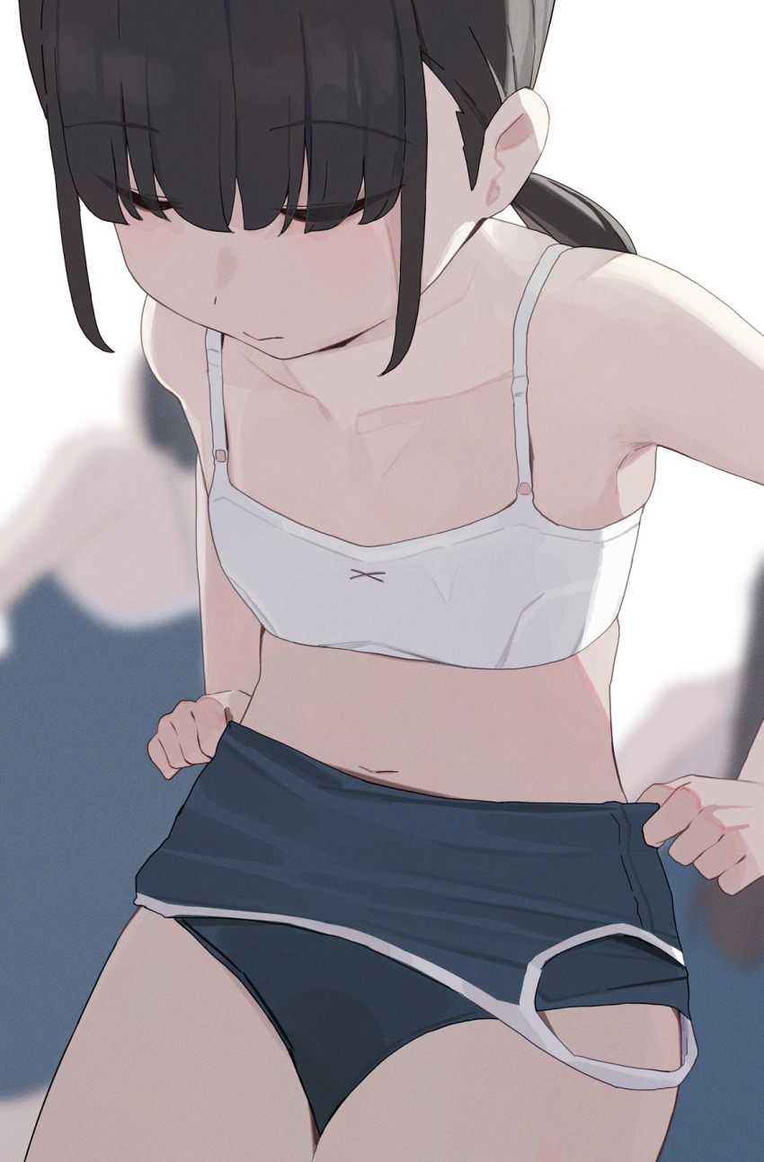 3girls black_hair black_one-piece_swimsuit blush bow bow_bra bra breasts clothes_pull collarbone highres hiroki_(yyqw7151) loli long_hair looking_down multiple_girls nipples one-piece_swimsuit one-piece_swimsuit_pull original ponytail school_swimsuit small_breasts solo swimsuit underwear undressing white_background white_bra