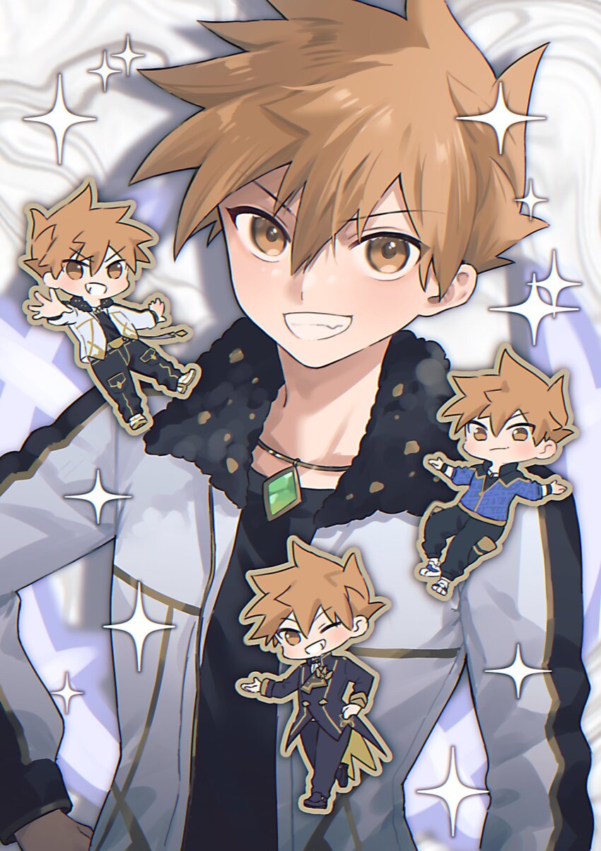 1boy black_pants black_shirt blue_jacket blue_oak blue_oak_(arc_suit) blue_oak_(champion) blue_oak_(sygna_suit) brown_eyes brown_hair chibi closed_mouth coat fur_trim gem green_gemstone grin highres jacket jewelry long_sleeves looking_at_viewer male_focus necklace nintendo official_alternate_costume one_eye_closed open_clothes open_jacket open_mouth pants pk_rgr96 pokemon pokemon_masters_ex shirt short_hair smile spiked_hair star_(symbol) teeth white_jacket wristband