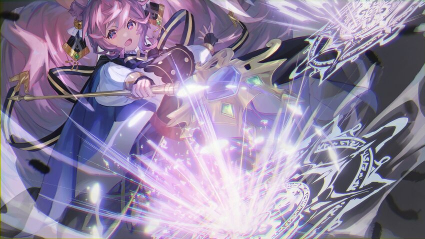 1girl :o animal_ear_fluff animal_ears attack bell black_cape black_gloves blue_cape cape cleo_(dragalia_lost) cleo_(gala)_(dragalia_lost) commission dragalia_lost drill_hair fingerless_gloves gloves hair_bell hair_ornament highres holding holding_staff long_hair long_sleeves open_mouth pink_eyes pink_hair rabbit_ears re_(pixiv_89203939) solo staff twin_drills two-tone_cape very_long_hair vgen_commission