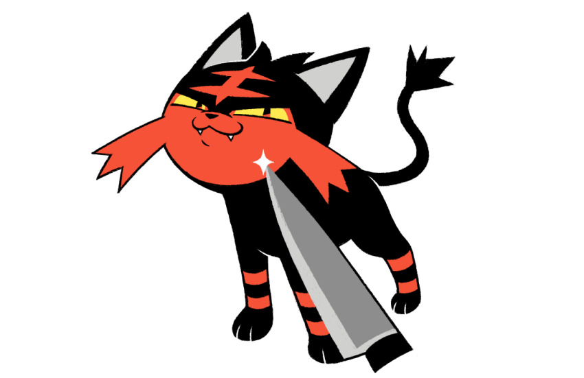 commentary commission english_commentary fangs gen_7_pokemon gotchibam knife knife_cat_(meme) litten meme nintendo no_humans pokemon pokemon_(creature) pokemon_focus simple_background smile white_background yellow_eyes