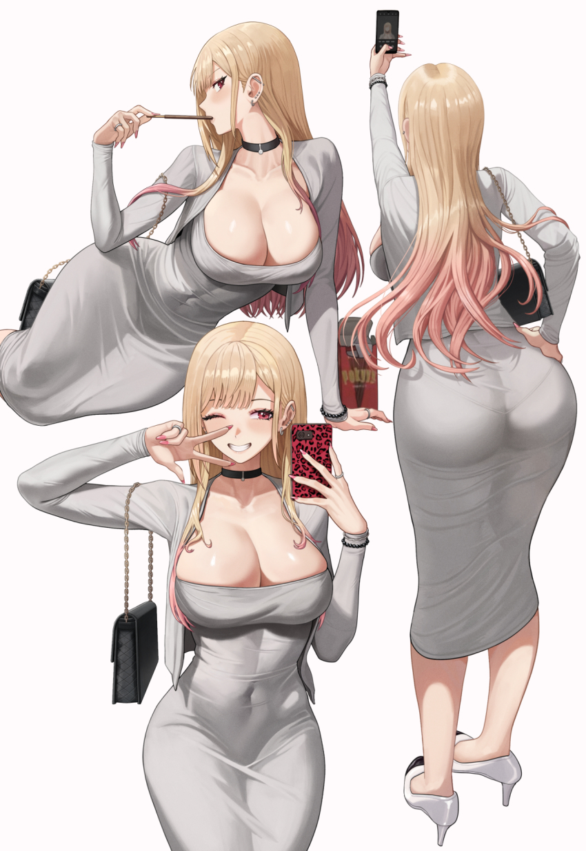 1girl ass bag black_choker bracelet breasts cellphone choker curvy dongtan_dress dress food food_in_mouth full_body grey_dress handbag high_heels highres holding holding_phone jewelry kitagawa_marin large_breasts meme_attire multiple_views pantylines phone pocky pocky_in_mouth selfie silvertsuki smartphone sono_bisque_doll_wa_koi_wo_suru w