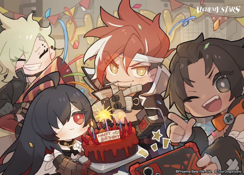 alchemy_stars balloon bandage_over_one_eye birthday_cake brock_(alchemy_stars) cake candle cellphone chibi eve_(alchemy_stars) food hair_over_one_eye happy_birthday highres mechanical_arms official_art party_popper phone regina_(alchemy_stars) single_mechanical_arm sinsa_(alchemy_stars) smartphone smile taking_picture