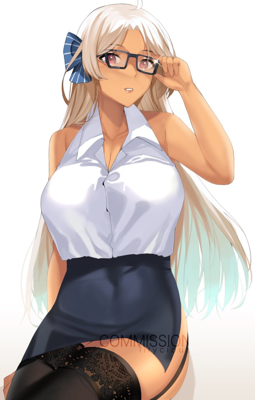 1girl adjusting_eyewear alternate_costume azur_lane bespectacled black_thighhighs blonde_hair breasts brooklyn_(azur_lane) cleavage commentary commission dark-skinned_female dark_skin english_commentary garter_straps glasses hair_ribbon highres j.moon large_breasts long_hair ribbon shirt side_slit sleeveless sleeveless_shirt striped_ribbon thighhighs watermark