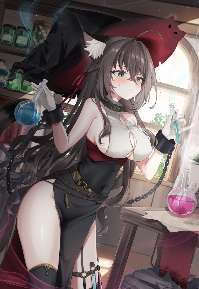 1girl absurdres ahoge akahaneko alchemy animal_ear_fluff animal_ears bare_shoulders belt_collar black_dress black_hat black_thighhighs blush book bottle braid breasts brown_collar brown_hair cat_ears cat_girl cat_tail chain cleavage cleavage_cutout clothing_cutout collar commentary commentary_request covered_collarbone covered_navel crossed_bangs cuffs day dress dutch_angle flask gloves green_eyes hair_between_eyes hair_intakes hair_ribbon halterneck hands_up hat highres holding holding_flask holding_test_tube indoors large_breasts large_hat light_particles long_hair looking_ahead original paper parted_lips pelvic_curtain plant red_ribbon ribbon round-bottom_flask shackles shelf side_slit sideboob sidelocks sleeveless sleeveless_dress slit_pupils smoke solo standing table tail test_tube thigh_strap thighhighs thighs two-sided_fabric two-sided_headwear two-tone_dress underboob underboob_cutout very_long_hair vial white_gloves window witch_hat