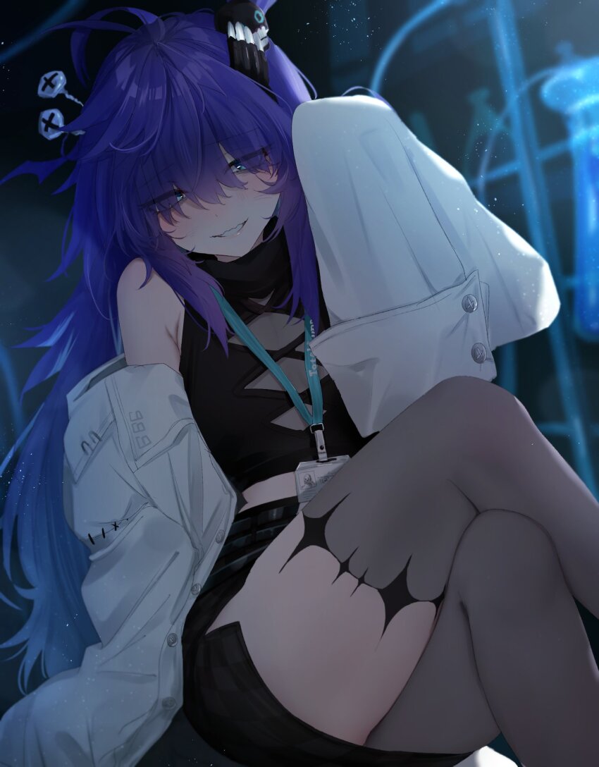 1girl 666 asymmetrical_legwear black_shirt black_skirt blue_eyes coat commentary crossed_arms dr.nova(e) english_commentary erlenmeyer_flask eyes_visible_through_hair flask flat_chest grey_pantyhose grey_thighhighs hair_ornament highres id_card lab_coat lanyard long_hair long_sleeves looking_at_viewer messy_hair miniskirt object_through_head open_clothes open_coat pantyhose parted_lips purple_hair screw_in_head second-party_source shirt single_leg_pantyhose single_thighhigh sitting skirt sleeves_past_wrists smile solo thighhighs thighs turtleneck turtleneck_shirt twt_vv202 uneven_legwear v4mirai virtual_youtuber white_coat