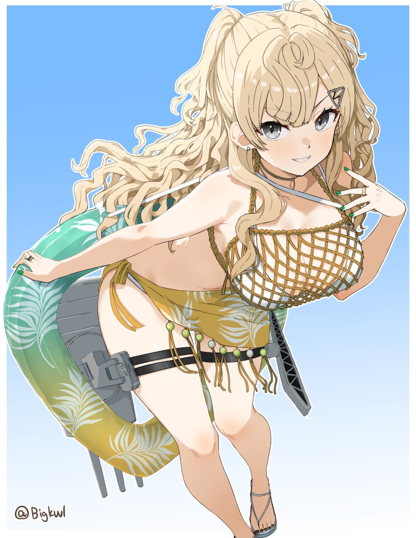 1girl absurdres bigkwl bikini blonde_hair breasts cleavage commentary_request fishnets flip-flops flower gradient_background grey_eyes grin hair_flower hair_ornament highres kantai_collection large_breasts long_hair looking_at_viewer mesh minneapolis_(kancolle) minneapolis_(swimsuit)_(kancolle) navel official_alternate_costume rigging sandals sarong smile solo swimsuit twitter_username two_side_up white_bikini yellow_sarong