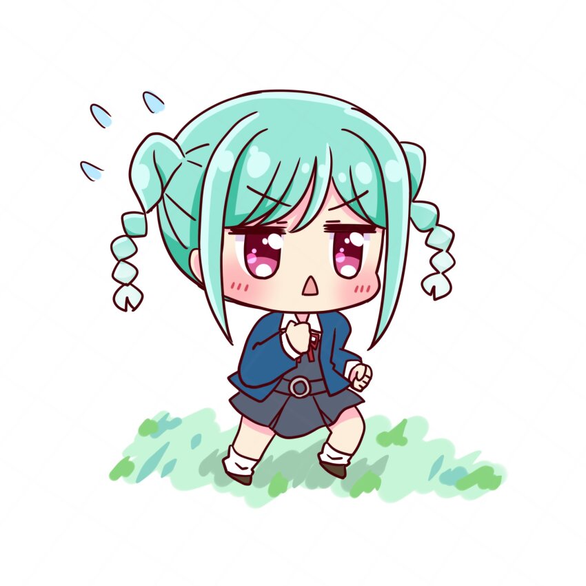 1girl :&lt; aqua_hair blue_jacket braid braided_twintails chibi chibi_only collared_shirt commentary_request d: dress dress_shirt ehho_ehho_(meme) flying_sweatdrops full_body grey_dress highres jacket lone_nape_hair long_sleeves love_live! love_live!_superstar!! medium_hair meme neck_ribbon onitsuka_tomari open_clothes open_jacket open_mouth pinafore_dress pink_eyes red_ribbon ribbon running school_uniform shirt short_dress sidelocks simple_background sleeveless sleeveless_dress socks solo suppii triangle_mouth twin_braids v-shaped_eyebrows white_background white_shirt white_socks winter_uniform yuigaoka_school_uniform
