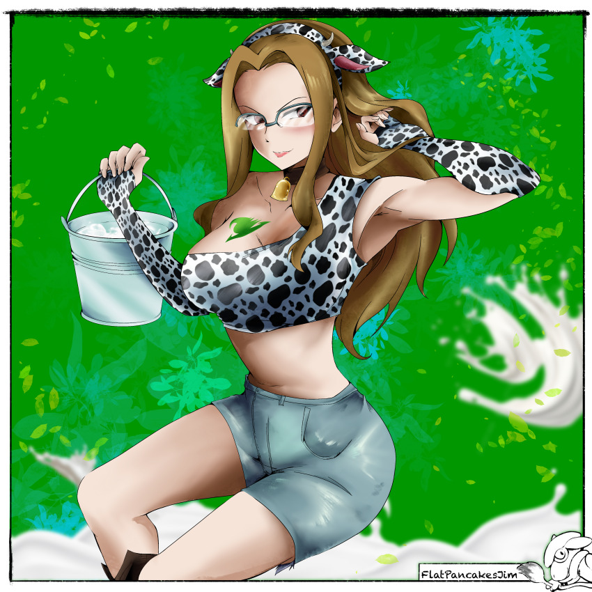 absurdres animal_ears animal_print armpits arms_up boots breast_tattoo breasts brown_hair bucket cleavage cow_ears cow_horns cow_print cowbell cowgirl_outfit evergreen_(fairy_tail) fairy_tail flatpancakesjim glasses hand_through_hair highres holding holding_bucket horns large_breasts leather leather_boots lipstick long_hair long_sleeves makeup milk seductive_smile short_pants simple_background smile tattoo thick_thighs thighs