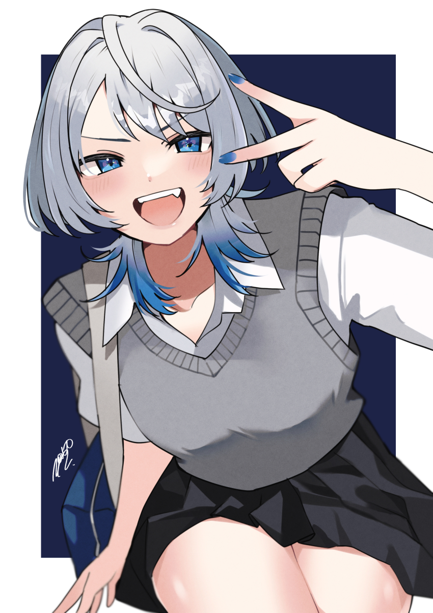 1girl absurdres black_skirt blue_background blue_hair blue_nails blush collared_shirt commentary_request cowboy_shot fingernails grey_hair grey_sweater_vest hair_intakes highres leaning_forward looking_at_viewer medium_hair open_mouth original pleated_skirt school_uniform shirt signature skirt smile solo sweater_vest teeth two-tone_background upper_teeth_only v-shaped_eyebrows white_background white_shirt wolf_cut zono_(inokura_syuzo029)