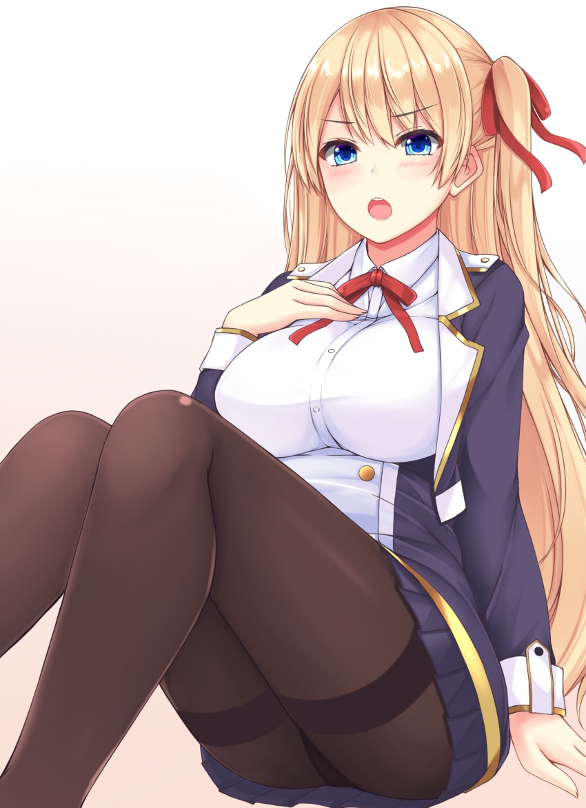 1girl :o azur_lane black_pantyhose blonde_hair blue_eyes blue_skirt bow bowtie breasts female_focus furrowed_brow gradient_background hair_bow hand_on_own_chest highres large_breasts long_hair looking_at_viewer open_mouth pantyhose pink_background red_bow side_ponytail simple_background sitting skirt sogaya solo sussex_(azur_lane) thighband_pantyhose thighs white_background