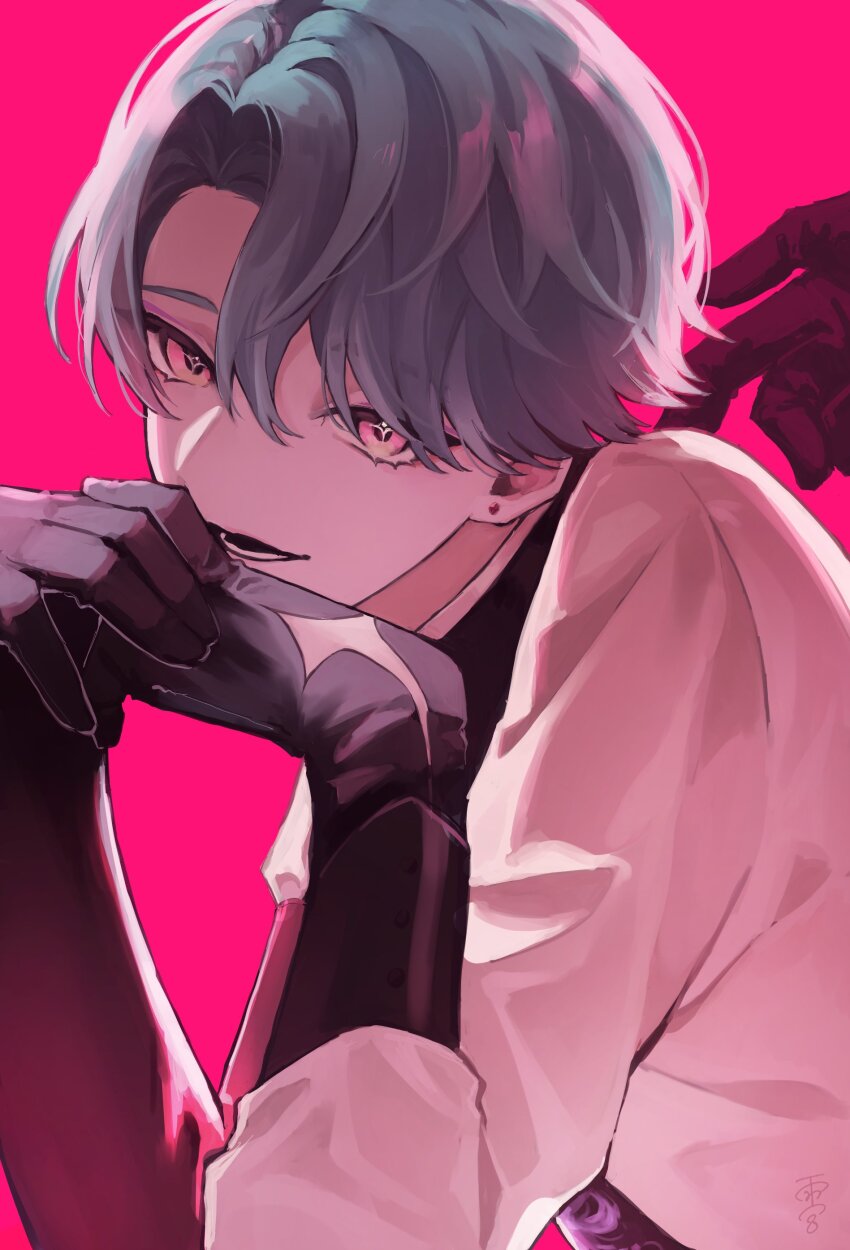 1boy absurdres black_gloves blue_hair commentary_request curtained_hair diamond-shaped_pupils diamond_(shape) earrings freodore_(nijisanji) gloves highres jewelry long_sleeves lower_teeth_only male_focus nijisanji nijisanji_en open_mouth own_hands_clasped own_hands_together parted_hair piercing pink_background pink_eyes shirt short_hair smmy_ame solo stud_earrings symbol-shaped_pupils teeth virtual_youtuber white_shirt zuutto_issho_(kitani_tatsuya)