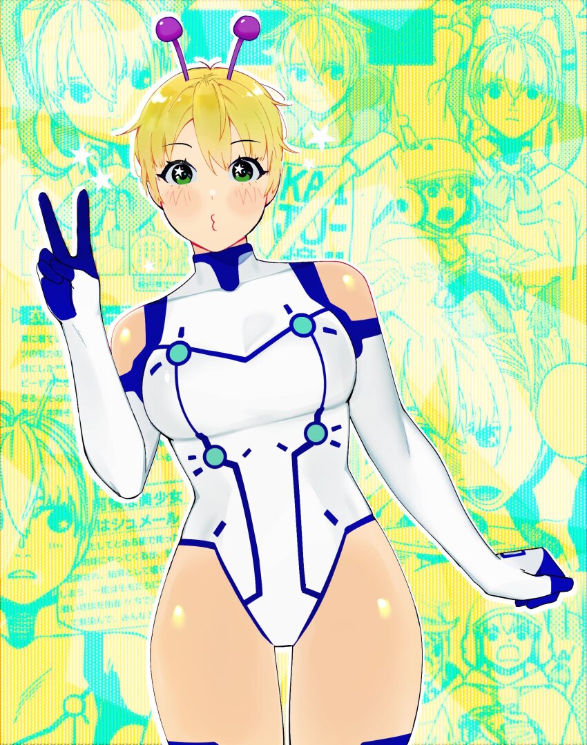 1girl alien antennae bare_shoulders blonde_hair blush breasts closed_mouth commentary cowboy_shot dandadan elbow_gloves english_commentary firemauer gloves green_eyes heattech_leotard highres leaning_to_the_side leotard looking_at_viewer medium_breasts puckered_lips short_hair solo spacesuit star_(symbol) star_in_eye straight-on symbol_in_eye thigh_gap thighs turtleneck v vamola_(dandadan) white_leotard