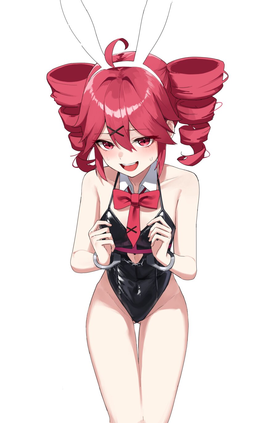 1girl absurdres ahoge animal_ears bare_shoulders breasts cuffs detached_collar drill_hair handcuffs highres hu2924 kasane_teto leotard medium_hair necktie nervous_smile nervous_sweating playboy_bunny rabbit_ears rabbit_hole_(vocaloid) red_eyes red_hair red_necktie small_breasts smile spaghetti_strap sweat thighs twin_drills utau