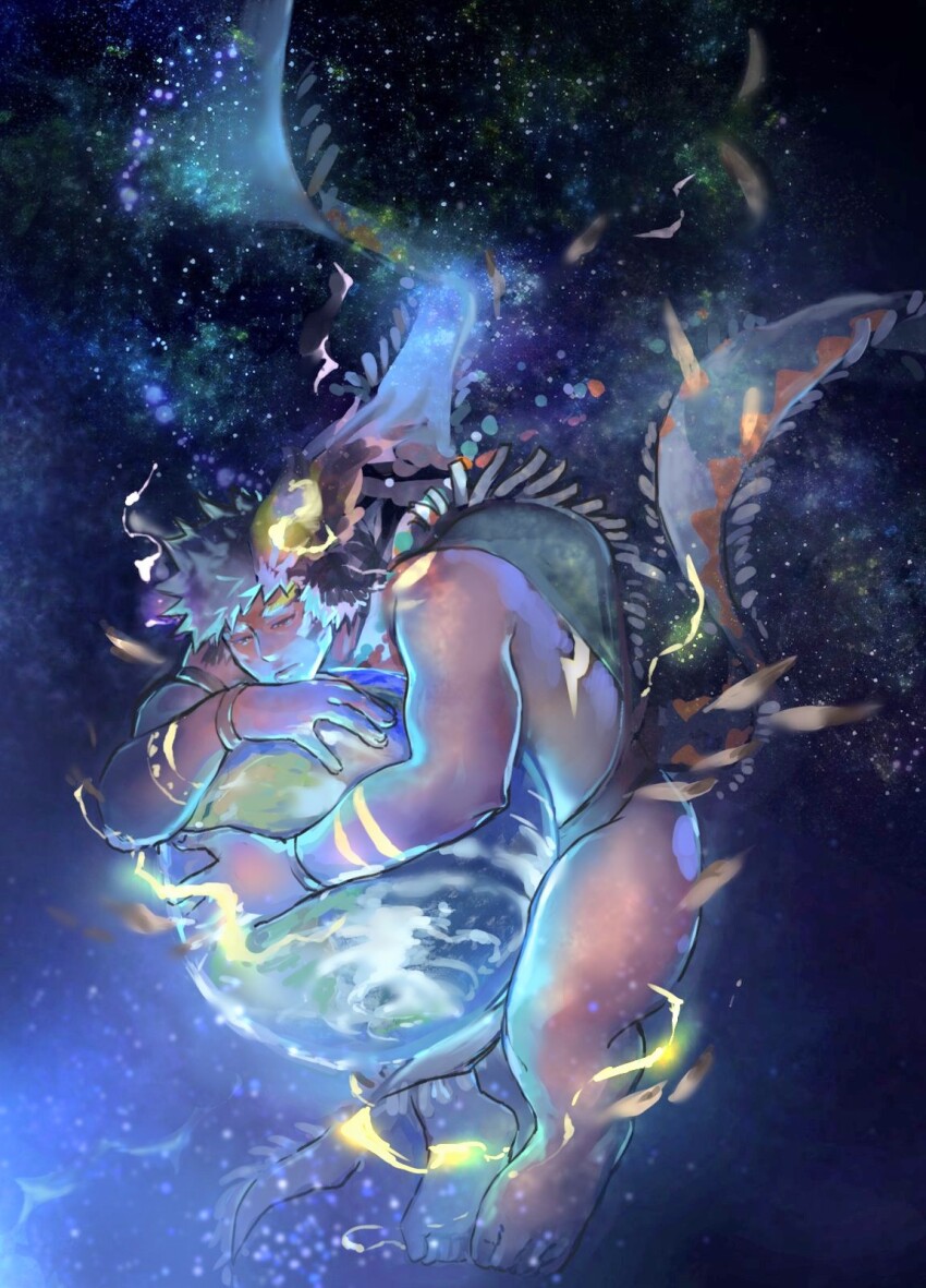 1boy animal_ears asymmetrical_horns bara bisen_(mirion_ray) cow_boy cow_ears cow_horns earth_(planet) electricity eye_black fiery_horns forked_eyebrows full_body giant giant_male glowing_horns highres horns male_focus mismatched_horns muscular muscular_male pelvic_curtain planet short_hair sky solo star_(sky) star_(symbol) starry_sky starry_sky_background thick_eyebrows thighs tokyo_houkago_summoners tribal wakan_tanka wakan_tanka_mugen