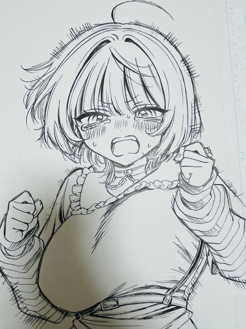 1girl ahoge akiyama_enma blush bouncing_breasts breasts chest_harness choker commentary_request crying crying_with_eyes_open greyscale hair_intakes harness highres large_breasts lineart looking_at_viewer manuscript_paper monochrome nib_pen_(medium) noa-senpai_wa_tomodachi. nose_blush pen_(medium) photo_(medium) saotome_noa short_hair simple_background sleeves_past_wrists solo striped_arm_warmers tears teeth traditional_media upper_teeth_only v-shaped_eyebrows white_background