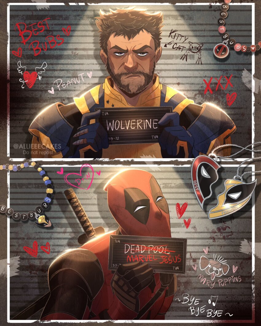 2boys allieeecakess arrow_through_heart artist_name barbie_(franchise) barbie_(live_action) barbie_mugshot_(meme) black_bodysuit blue_gloves bodysuit border broken_heart brown_eyes brown_hair character_name closed_mouth commentary deadpool deadpool_&amp;_wolverine deadpool_(series) english_commentary english_text facial_hair gloves hand_up hands_up heart highres holding holding_sign katana looking_at_viewer marvel marvel_cinematic_universe meme mugshot multiple_boys musical_note red_bodysuit short_hair sign superhero_costume sword two-tone_bodysuit upper_body v-shaped_eyebrows watermark weapon weapon_on_back white_border wolverine_(x-men) yellow_bodysuit