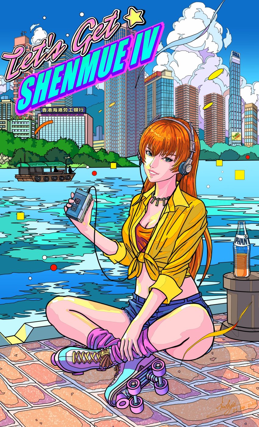 1980s_(style) 1girl absurdres blue_sky breasts brick_road building bush chinese_text cityscape cleavage cloud collared_shirt crossed_legs dated day denim denim_shorts english_text fishing_rod green_eyes headphones highres holding jewelry joy_(shenmue) kohji long_hair long_sleeves looking_at_viewer loose_socks midriff necklace oldschool orange_hair outdoors purple_socks retro_artstyle roller_skates sega shenmue shenmue_ii shirt shorts sidelocks signature sitting skates sky skyscraper sleeves_rolled_up smile socks soda_bottle solo star_(symbol) thighs tied_shirt walkman water yellow_shirt