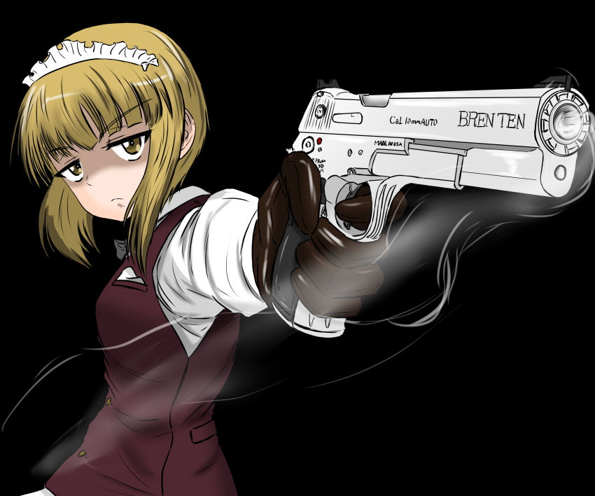 1girl absurdres bartender black_background black_bow black_bowtie black_gloves blonde_hair blunt_bangs bob_cut bow bowtie bren_ten brown_vest closed_mouth cutlass_(girls_und_panzer) dress_shirt english_text foreshortening frown girls_und_panzer glaring gloves gun handgun highres holding holding_gun holding_weapon long_sleeves maid_headdress moesenyukikaze school_uniform shirt short_hair smoke solo vest weapon white_shirt wing_collar yellow_eyes