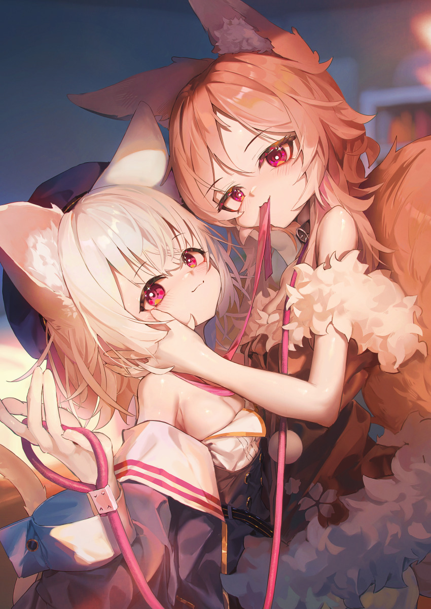 2girls absurdres animal_ear_fluff animal_ears ap04astral breasts brown_hair closed_mouth collar commentary_request highres leash long_hair medium_hair mouth_hold multiple_girls ouka_miko red_eyes sayo_(voicevox) small_breasts tail voiceroid voicevox white_hair