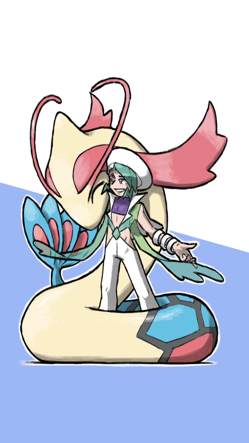 1boy aqua_eyes aqua_hair blacknirrow blue_background closed_eyes commentary english_commentary gen_3_pokemon highres jacket midriff milotic nintendo open_clothes open_jacket outline pants pokemon pokemon_(creature) pokemon_oras purple_shirt shirt short_hair simple_background smile standing two-tone_background wallace_(pokemon) white_background white_jacket white_outline white_pants