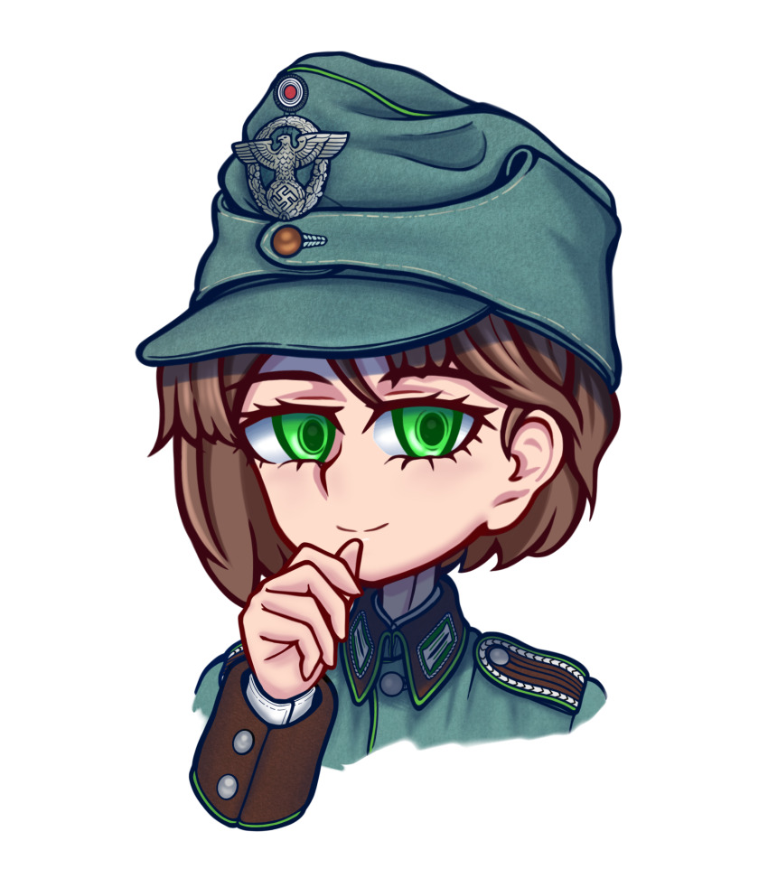 1girl brown_hair green_eyes green_hat green_jacket grey_background hat highres jacket looking_at_viewer military_hat military_jacket nazi original portrait reichsadler short_hair simple_background solo swastika yarsk