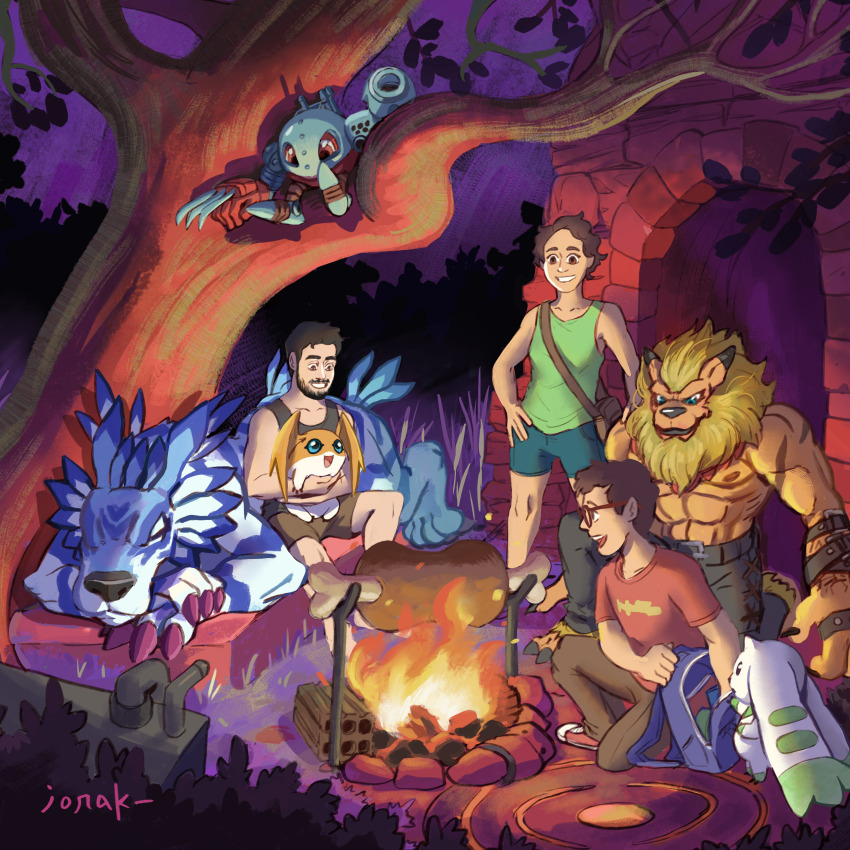 absurdres bone digimon digimon_(creature) fire food garurumon highres leomon lopmon meat metalmamemon muscular muscular_male patamon