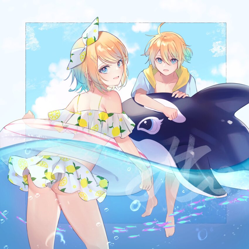1boy 1girl ahoge air_bubble back bare_shoulders bikini blonde_hair blue_eyes blue_sky bow brother_and_sister bubble cloud food_print frilled_bikini frills fruit_print hair_bow highres holding holding_swim_ring hood hoodie inflatable_orca inflatable_toy innertube kagamine_len kagamine_rin lemon_print looking_at_viewer looking_back median_furrow midriff mipi narrow_waist open_mouth partially_submerged ponytail school_of_fish short_hair short_ponytail siblings sky smile spaghetti_strap swept_bangs swim_ring swimsuit twins vocaloid yellow_hood