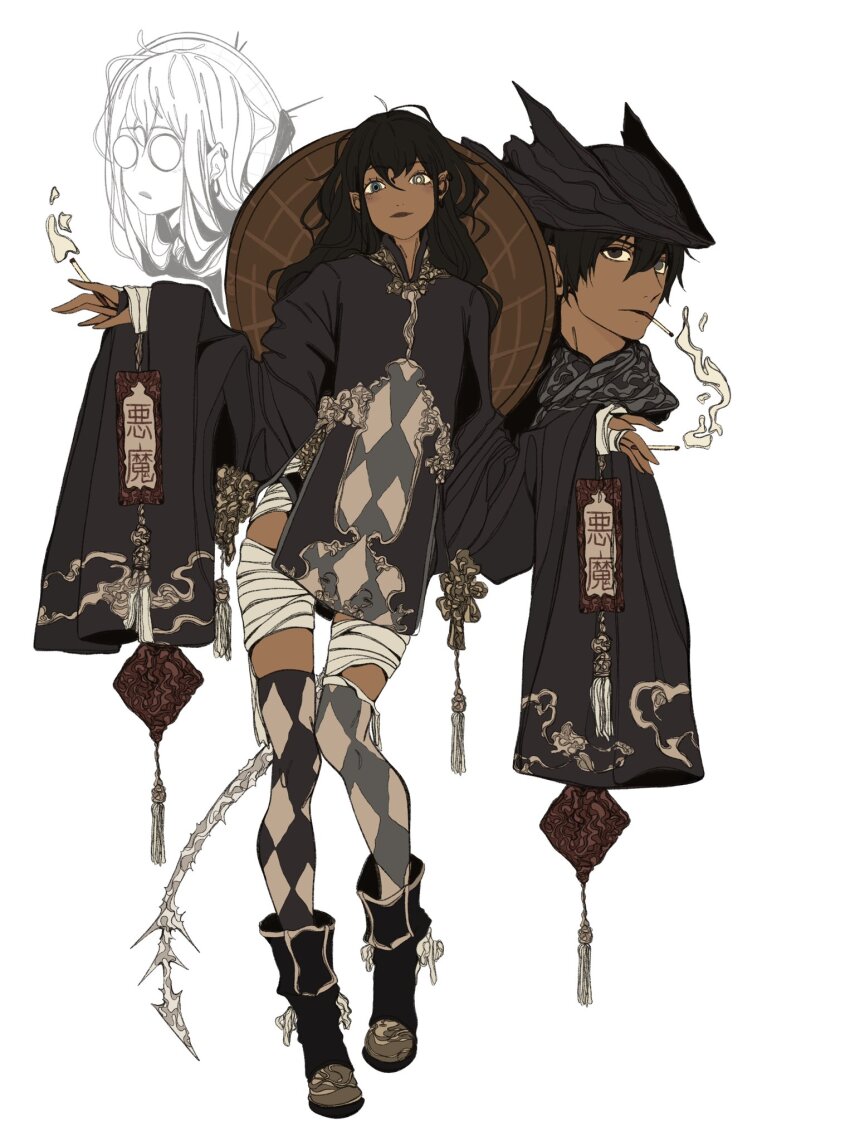 1boy 1girl 1other argyle_clothes argyle_thighhighs bandaged_leg bandages black_boots black_dress black_hair black_hat boots brown_eyes cigarette closed_mouth demonerith dress full_body grey_eyes hair_between_eyes hat heterochromia highres holding holding_cigarette japanese_clothes long_sleeves looking_at_viewer original rice_hat round_eyewear short_hair smoke tricorne unlit_cigarette_in_mouth upper_body white_background wide_sleeves