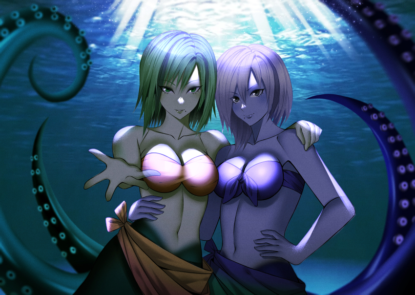 2girls bandeau bikini bikini_top_only breasts cleavage disney fhilippedu green_eyes green_hair grey_eyes highres multiple_girls sarong swimsuit tentacles the_little_mermaid_(disney) underwater ursula_(disney)