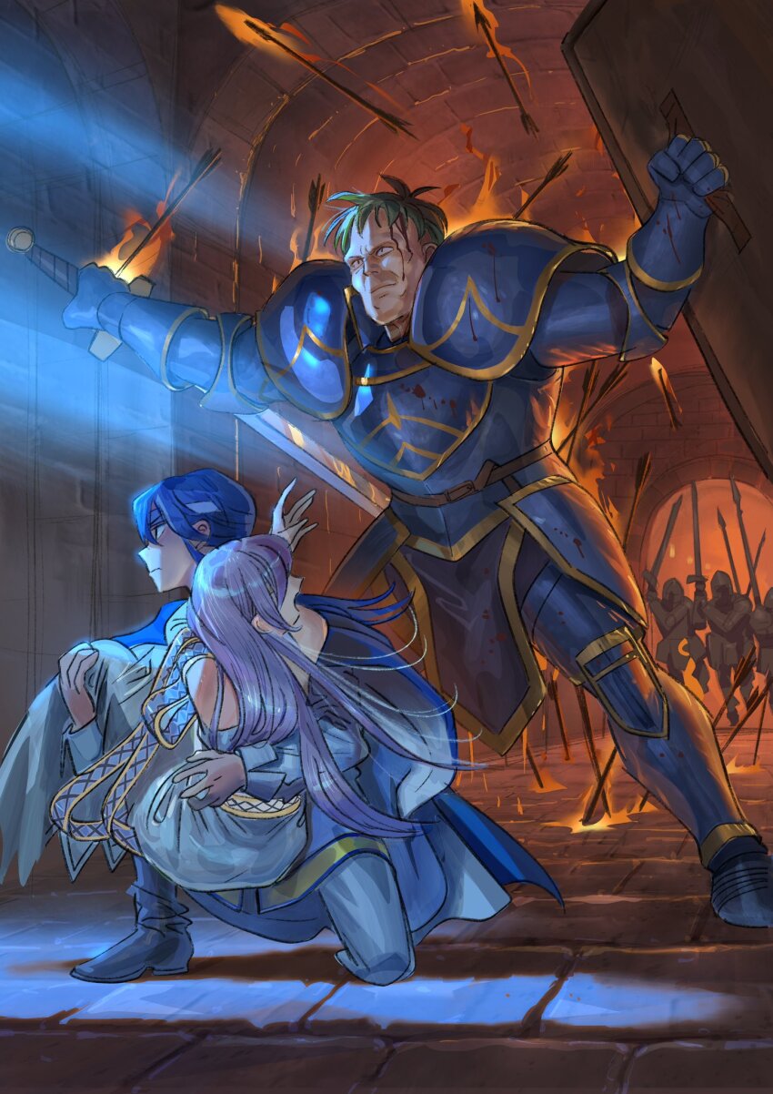 1girl 2boys arden_(fire_emblem) armor arrow_(projectile) battle blue_armor blue_cape blue_hair brother_and_sister cape carrying dress fire_emblem fire_emblem:_genealogy_of_the_holy_war gauntlets green_hair headband highres holding holding_sword holding_weapon illustman_(u_ip8s) julia_(fire_emblem) knight long_hair multiple_boys nintendo open_mouth princess_carry purple_hair seliph_(fire_emblem) shoulder_armor siblings sword weapon white_headband