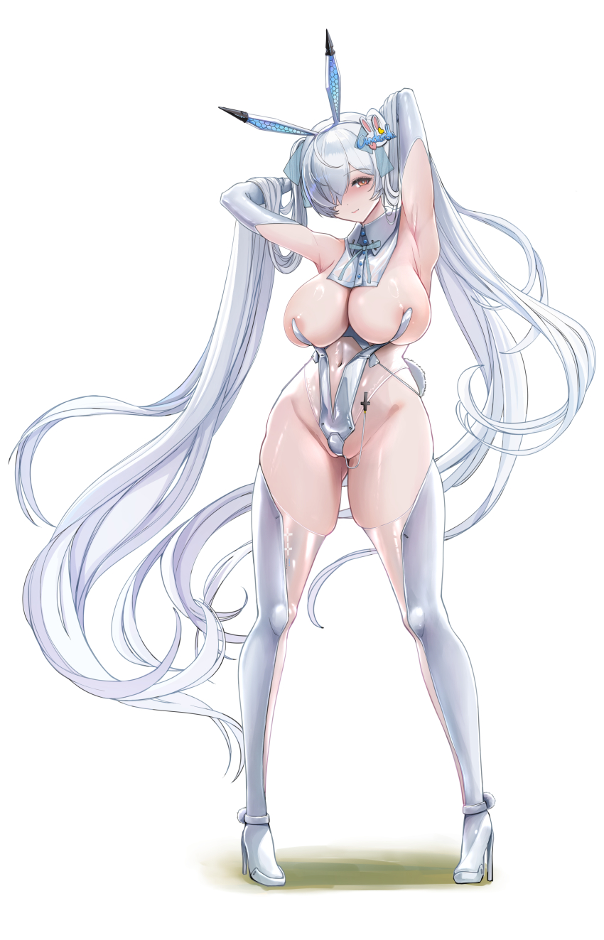 1girl absurdres animal_ears areola_slip armpits boots breasts cinderella_(nikke) fake_animal_ears fake_tail goddess_of_victory:_nikke highres huge_breasts hyotenka_ichido leotard long_hair navel playboy_bunny rabbit_ears rabbit_tail red_eyes see-through_clothes see-through_leotard smile solo tail twintails very_long_hair white_boots white_hair white_leotard