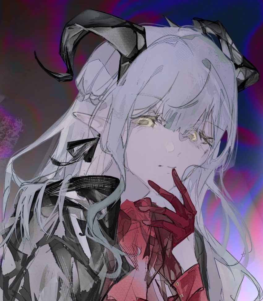 1girl bang_dream! bang_dream!_it&#039;s_mygo!!!!! blue_hair chinese_commentary closed_mouth commentary_request earrings gloves hand_up highres horns jewelry long_hair looking_at_viewer oblivionis_(bang_dream!) pointy_ears red_gloves sidelocks solo togawa_sakiko upper_body yellow_eyes yi_chuan_xian_hua