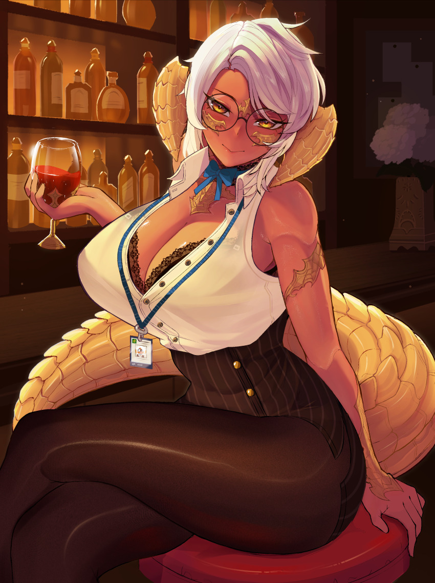 :&gt; abs absurdres alcohol au_ra bar_(place) black-framed_eyewear black_thighhighs blue_bow blue_bowtie bow bowtie bra breasts buttslayer commission commissioner_upload cup dark-skinned_female dark_skin dragon_girl dragon_horns dragon_tail drink drinking_glass final_fantasy final_fantasy_xiv highres holding holding_cup holding_drink horns indoors lace lace-trimmed_bra lace_trim looking_at_viewer muscular muscular_female office_lady pencil_case_(pebro) short_hair sitting solo tail thighhighs underwear warrior_of_light_(ff14) wine yellow_eyes yellow_scales yellow_tail