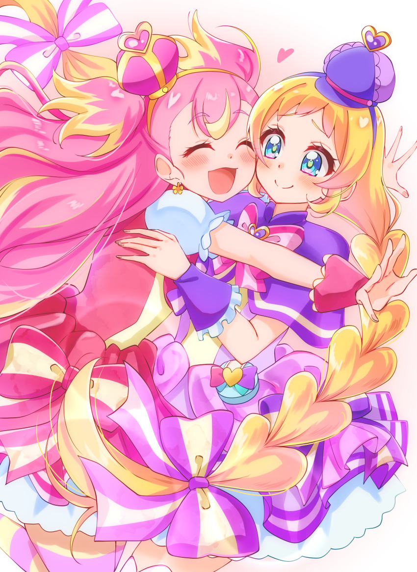 2girls absurdres blonde_hair blue_eyes bow bowtie braid brooch capelet closed_eyes closed_mouth commentary crown cure_friendy cure_wonderful dress dress_bow earrings flat_cap hair_bow hairband hat heart heart_brooch highres hug inukai_iroha inukai_komugi jewelry long_hair looking_at_another magical_girl mini_crown multicolored_hair multiple_girls open_mouth pantyhose pink_bow pink_bowtie pink_crown pink_hair pink_pantyhose precure puffy_short_sleeves puffy_sleeves purple_bow purple_bowtie purple_capelet purple_dress purple_hairband purple_hat red_bow red_dress short_dress short_sleeves smile standing standing_on_one_leg striped_clothes striped_pantyhose sugimura_mickey tilted_headwear twin_braids two-tone_hair two_side_up very_long_hair wonderful_precure! wrist_cuffs yellow_hairband yellow_pantyhose