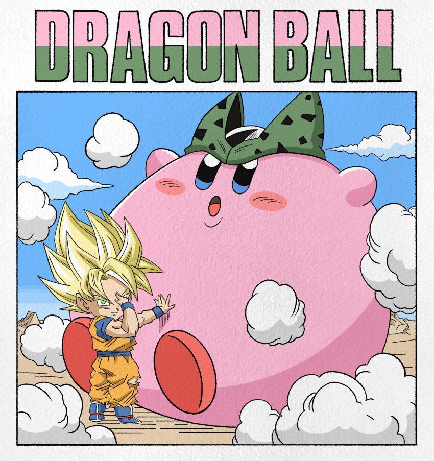 2boys blonde_hair cell_(dragon_ball) cell_(dragon_ball)_(cosplay) chibi copyright_name cosplay dougi dragon_ball dragonball_z finger_on_forehead full_body green_eyes highres kirby multiple_boys orange_pants orange_shirt pants shirt son_goku spiked_hair super_saiyan super_saiyan_1 wesatinthecar