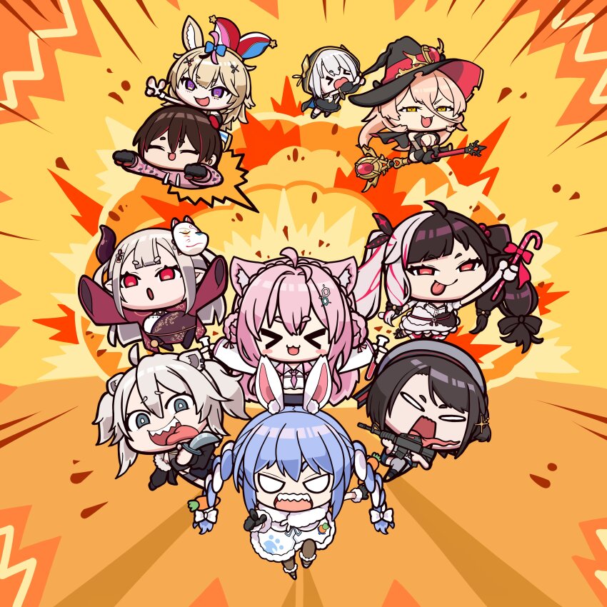 &gt;_&lt; 0_0 absurdres animal_ears ars_almal ars_almal_(1st_costume) assault_rifle black_cape black_gloves black_hair black_thighhighs blonde_hair blue_hair braid breasts brown_hair candy candy_cane cape carrot_hair_ornament chibi cleavage commentary_request demon_horns explosion flying food food-themed_hair_ornament fox_ears fox_girl fur-trimmed_gloves fur_trim gloves grey_hair gun hair_ornament hakui_koyori half-closed_eyes hat highres holding holding_candy holding_candy_cane holding_food holding_gun holding_knife holding_test_tube holding_weapon hololive hood horns jester_cap knife large_breasts lion_ears lion_girl long_sleeves mask mask_on_head multicolored_hair nabenabe3104 naraka_(nijisanji) necktie nijisanji nui_sociere omaru_polka oozora_subaru open_mouth outstretched_arms pink_hair pink_necktie pink_sweater pointing rabbit_ears rabbit_girl red_eyes riding rifle roboco-san scepter shishiro_botan short_hair sleeves_past_fingers sleeves_past_wrists smile sweater test_tube thighhighs tongue tongue_out twin_braids two-tone_hair two_side_up usada_pekora virtual_youtuber weapon white_hair witch_hat wolf_ears wolf_girl yorumi_rena