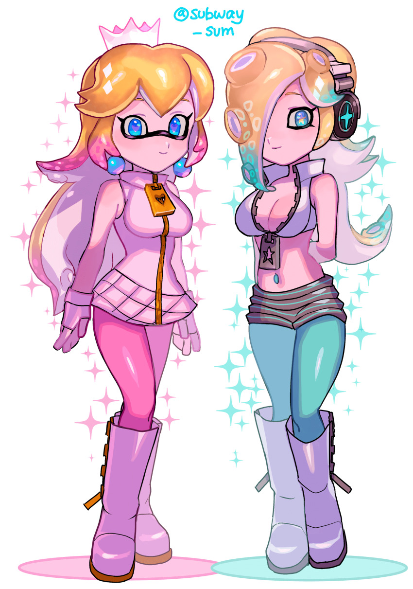2girls breasts cephalopod_eyes company_connection crop_top fingerless_gloves gloves headphones highres inkling inkling_girl inkling_player_character long_hair looking_at_viewer marina_(splatoon) mario_(series) multicolored_hair multiple_girls nintendo octoling octoling_boy octoling_player_character pearl_(splatoon) princess_peach rosalina smile splatoon_(series) splatoon_2 subway_sum suction_cups tentacle_hair