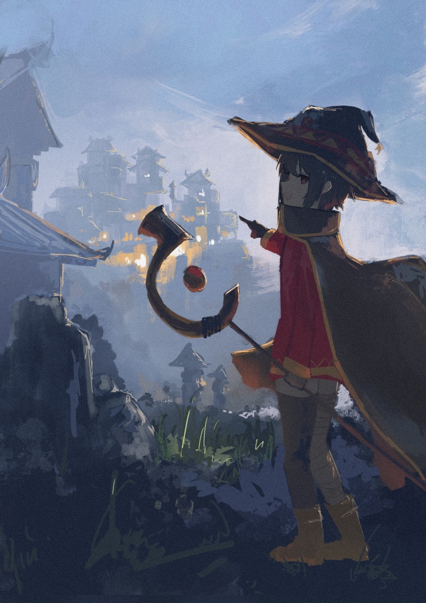 1girl absurdres bandaged_leg bandages boots brown_cape brown_hair cape collared_cape dress full_body gloves hat highres holding holding_staff kono_subarashii_sekai_ni_shukufuku_wo! koukouya looking_at_viewer megumin messy_hair pointing red_dress scenery short_hair single_thighhigh sky solo staff standing thighhighs witch_hat