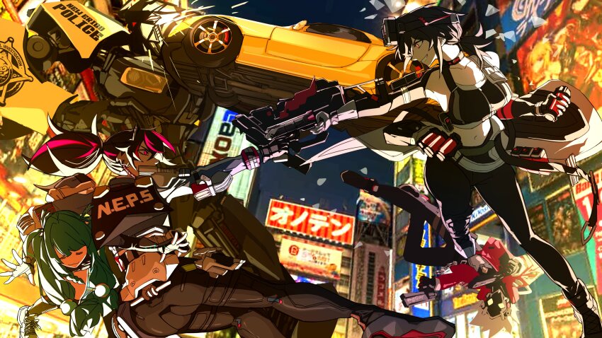 :3 absurdres barricade_(transformers) billy_kid car collision dodge_(company) dodge_charger grace_howard gun heartbreak_juan highres holding holding_gun holding_weapon mazda mazda_rx-7 mazda_rx-7_fd motor_vehicle qingyi_(zenless_zone_zero) transformers transformers_(live_action) weapon zenless_zone_zero zhu_yuan