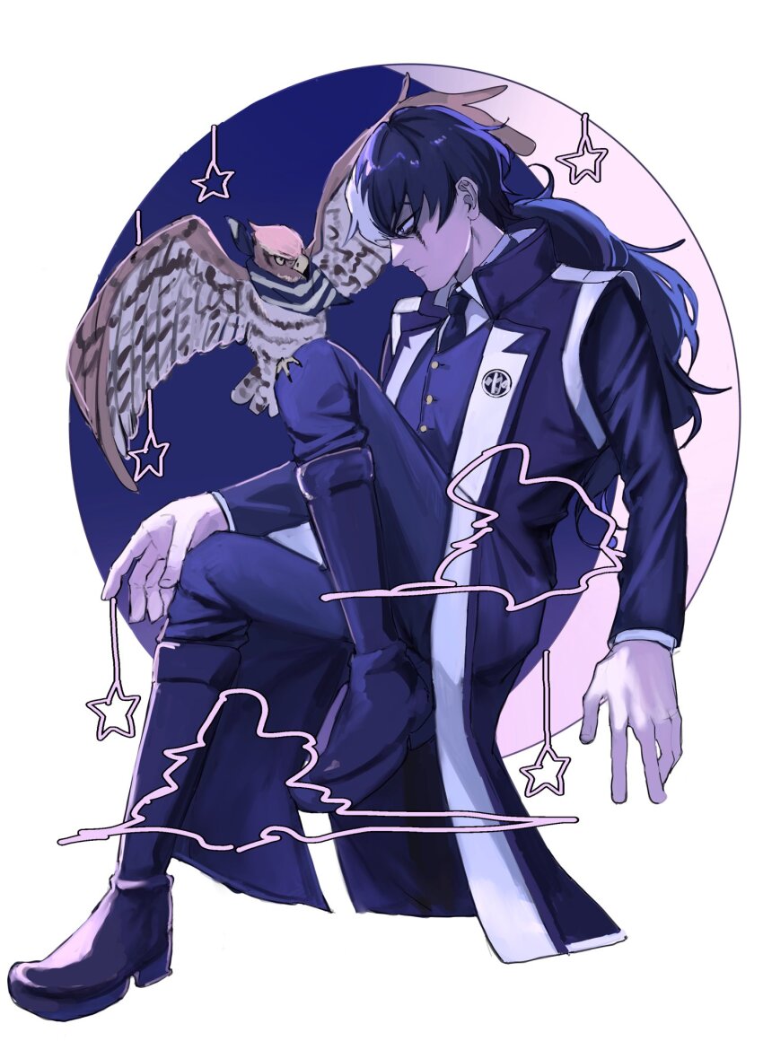 1boy ace_attorney bird bird_on_knee black_boots black_coat black_hair black_necktie black_pants boots closed_mouth coat collared_shirt commentary_request cross_shark full_body hand_on_own_knee hawk highres knee_up long_hair long_sleeves low_ponytail male_focus multicolored_hair necktie pants ponytail profile shirt simon_blackquill sitting solo taka_(ace_attorney) two-tone_hair white_hair white_shirt