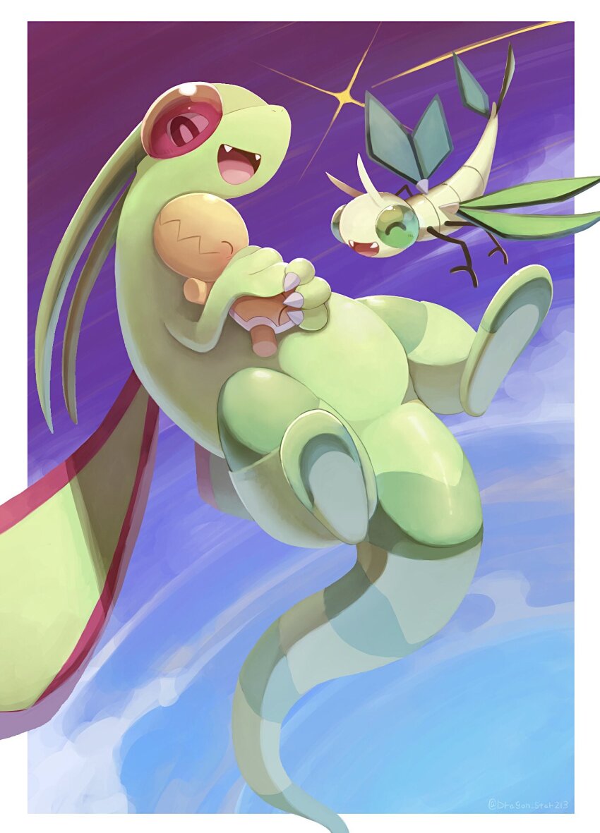 ^_^ black_eyes border claws closed_eyes closed_mouth commentary dragon dragon_star213 evolutionary_line fangs flygon flying gen_3_pokemon glint gradient_sky green_wings happy highres holding holding_pokemon hug insect_wings looking_at_another nintendo no_humans open_mouth outdoors outside_border pokemon pokemon_(creature) shooting_star sky smile tail trapinch vibrava white_border wings