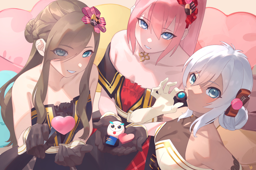 3girls absurdres bare_shoulders blue_eyes breasts brown_dress brown_gloves brown_hair candy chocolate chocolate_heart collarbone dark-skinned_female dark_skin dress elbow_gloves eyes_visible_through_hair food fork from_above gloves hair_between_eyes hair_ornament hair_over_one_eye heart heart-shaped_pillow highres holding holding_chocolate holding_food holding_fork incoming_food long_hair looking_at_viewer medium_breasts multiple_girls parted_lips pillow pink_hair rondoline_e_effenberg shionne_(tales) sidelocks sleeveless sleeveless_dress tales_of_(series) tales_of_arise tales_of_asteria tales_of_phantasia tales_of_phantasia:_narikiri_dungeon tales_of_phantasia:_narikiri_dungeon_x tales_of_the_abyss tear_grants ubo_(ubo_tales) valentine white_hair