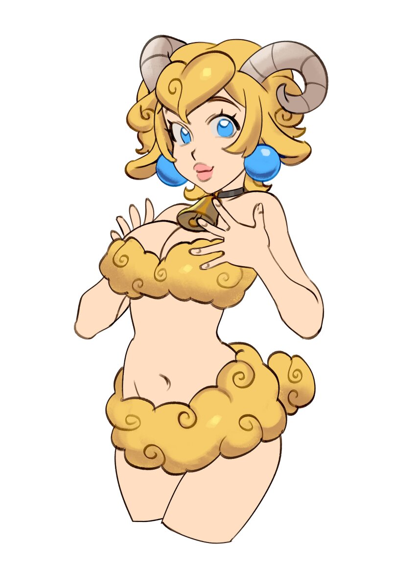 1girl absurdres alternate_costume alternate_hair_length alternate_hairstyle animal_ears bare_shoulders bell bikini blonde_hair blue_eyes breasts cleavage cropped_legs curled_horns earrings eyelashes hands_up highres horns itslyssalala jewelry large_breasts looking_at_viewer mario_(series) navel neck_bell nintendo pink_lips princess_peach sheep_ears sheep_girl sheep_horns sheep_tail short_hair smile solo sphere_earrings strapless strapless_bikini swimsuit tail thick_lips wool yellow_bikini yellow_fur