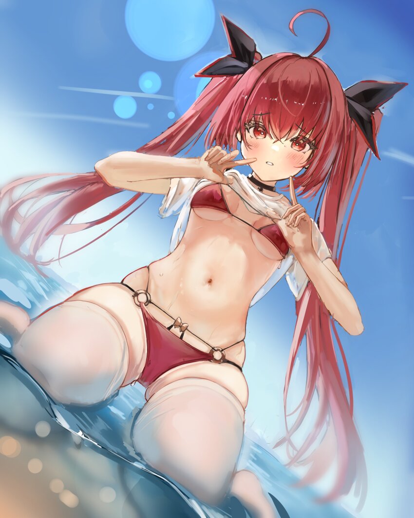 1girl absurdres ahoge azur_lane bikini black_ribbon blue_sky breasts clothes_lift date_a_live hair_ribbon highres itsuka_kotori itsuka_kotori_(waterside_goddess) long_hair looking_at_viewer medium_breasts navel official_alternate_costume outdoors parted_lips red_bikini red_eyes red_hair ribbon see-through_clothes see-through_shirt shirt shirt_lift sitting skindentation sky solo stalwhat stomach swimsuit thighhighs twintails wariza water white_shirt white_thighhighs