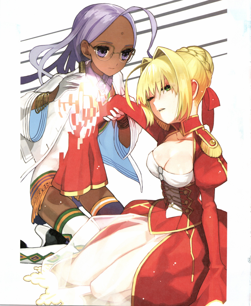 2girls ahoge asymmetrical_clothes asymmetrical_legwear blonde_hair breasts cleavage dark-skinned_female dark_skin dress fate/extra fate_(series) flat_chest glasses gloves green_eyes healing high_heels highres kneeling long_hair medium_breasts mismatched_legwear multiple_girls nero_claudius_(fate) nero_claudius_(fate/extra) open_clothes open_shirt purple_eyes purple_hair rani_viii scan shirt shoes thighhighs wada_arco