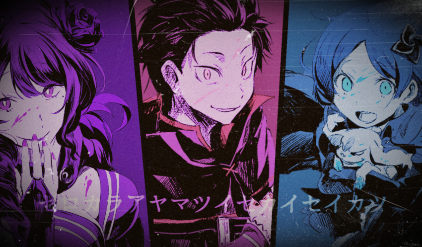 1boy 2girls black_hair blood blue_eyes blue_hair braid braided_ponytail breasts cleavage dog elsa_granhilte flower flower_on_head fur_trim gesugao granhilte high_collar long_hair meili_portroute mole mole_under_eye multiple_girls natsuki_subaru pink_blood purple_eyes purple_hair re:zero_kara_hajimeru_isekai_seikatsu short_hair translation_request