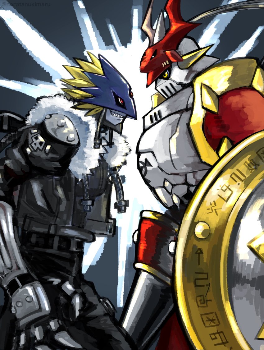 2boys absurdres armor artist_request beelzebumon belt black_belt black_jacket black_wings blonde_hair clenched_teeth demon digimon digimon_(creature) dukemon extra_eyes fur-trimmed_jacket fur_trim gauntlets highres holding holding_lance holding_polearm holding_shield holding_weapon jacket lance looking_at_viewer multiple_boys no_humans polearm red_eyes sharp_teeth shield short_hair teeth third_eye weapon white_wings wings yellow_eyes