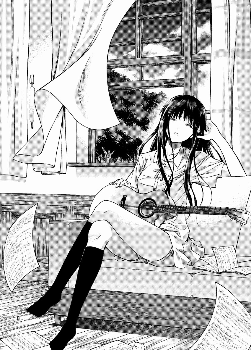 absurdres almadillo black_hair black_socks breasts closed_eyes collared_shirt comiket_87 couch crossed_legs curtains greyscale guitar highres hime_cut holding holding_guitar holding_instrument indoors instrument long_hair medium_breasts monochrome on_couch parted_lips school_uniform sheet_music shirt sitting socks touma_kazusa white_album_(series) white_album_2 white_shirt window
