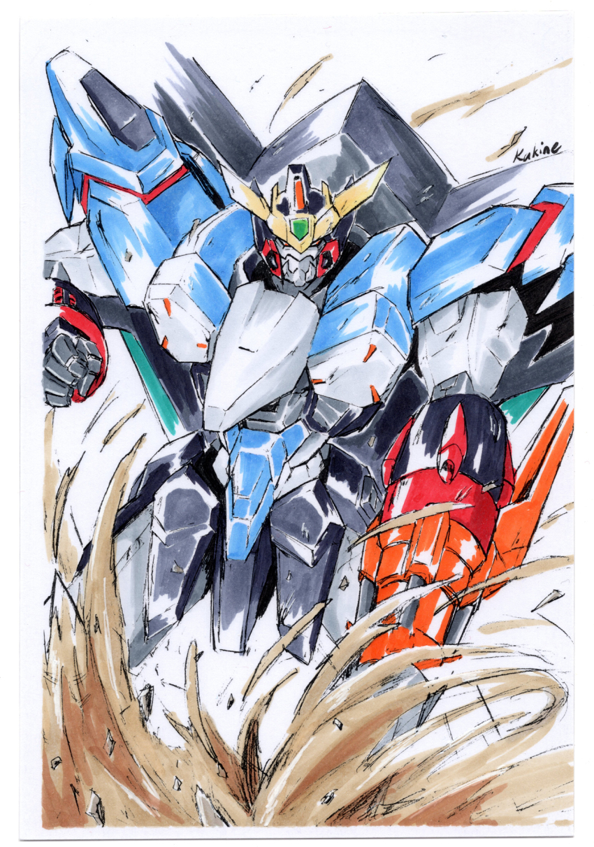 artist_name chinese_commentary clenched_hand dividing_driver dust gaofighgar highres kakine_white looking_at_viewer mecha no_humans orange_eyes robot science_fiction solo super_robot traditional_media v-fin yuusha_ou_gaogaigar yuusha_ou_gaogaigar_final yuusha_series
